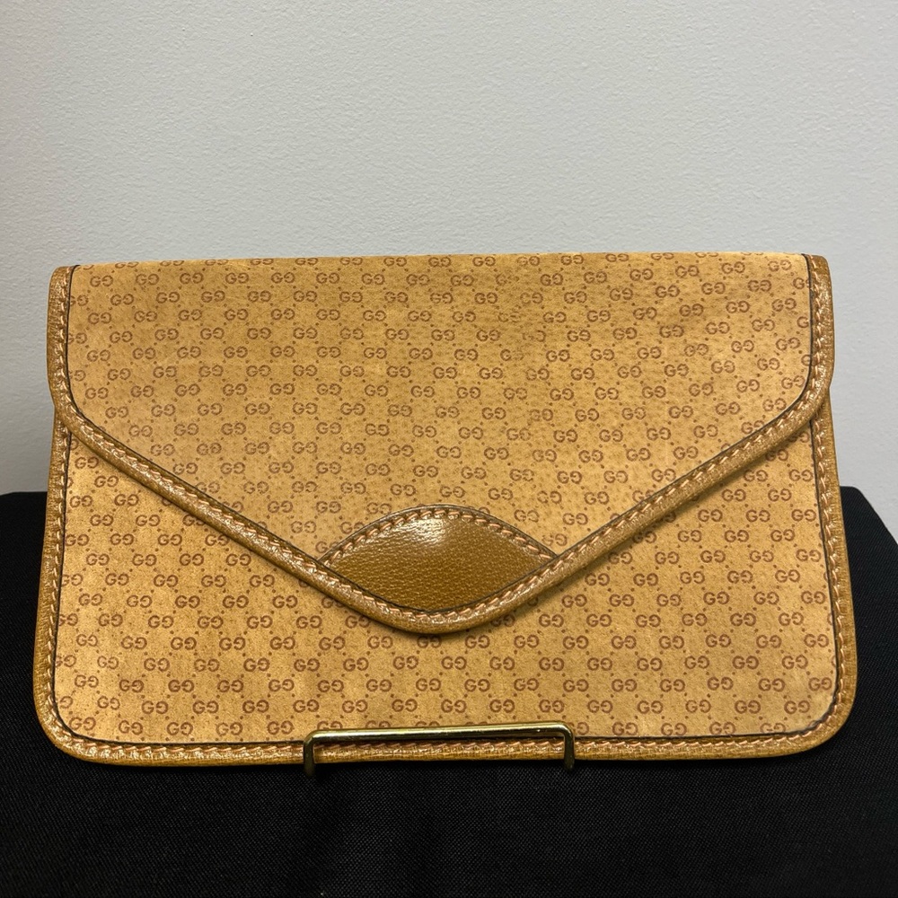 Vintage Authentic Gucci Clutch Portfolio Suede Leather G G Logo
